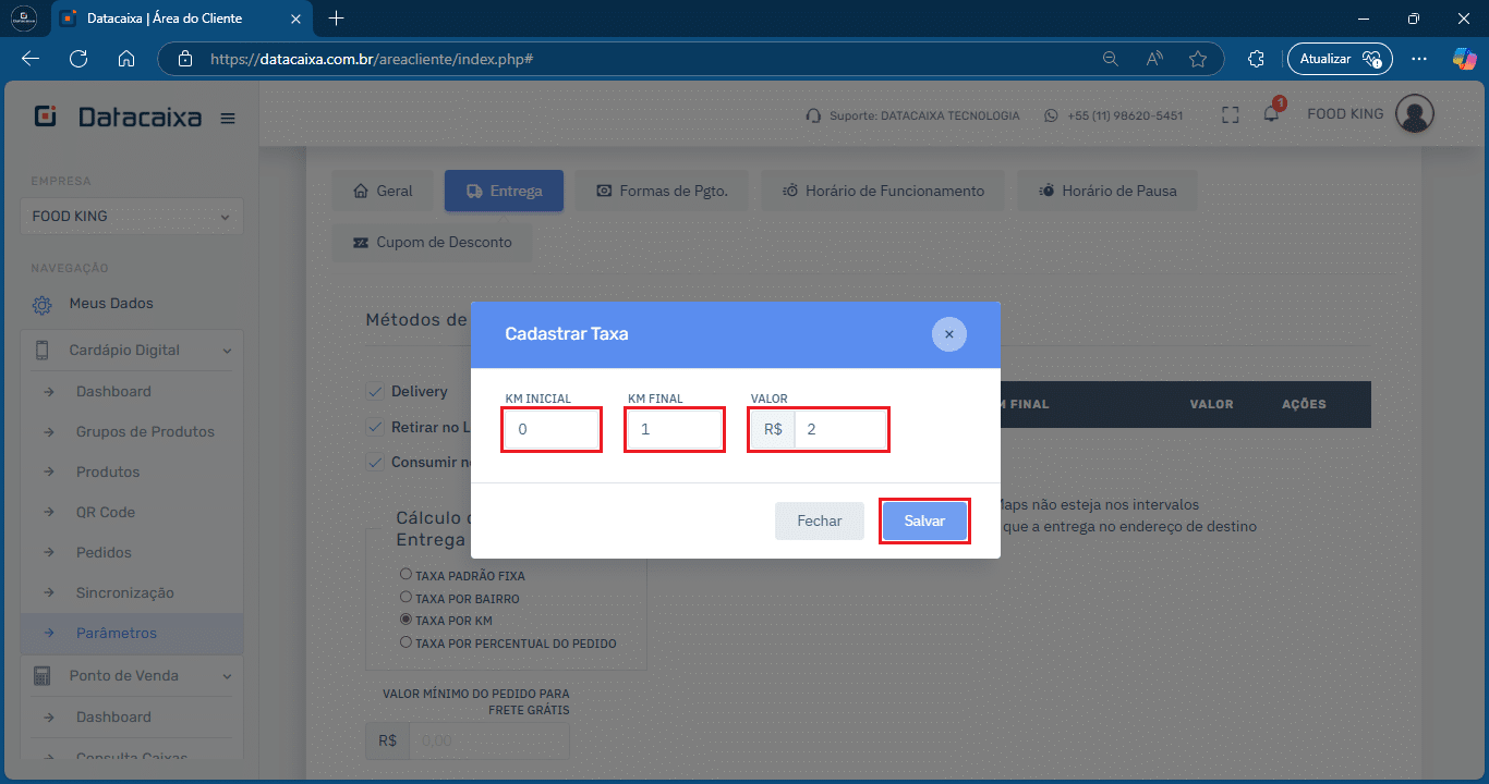 KM Inicial_KM Final_Valor_ Taxa por KM_Salvar | Datacaixa