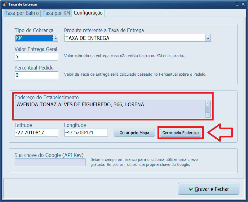 Taxa de Entrega Configuração Latitude e Longitude | Datacaixa Taxa de Entrega Configuração Latitude e Longitude