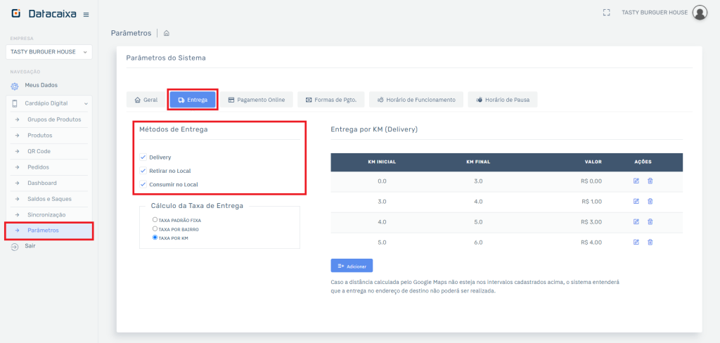Métodos de Entrega no Cardápio