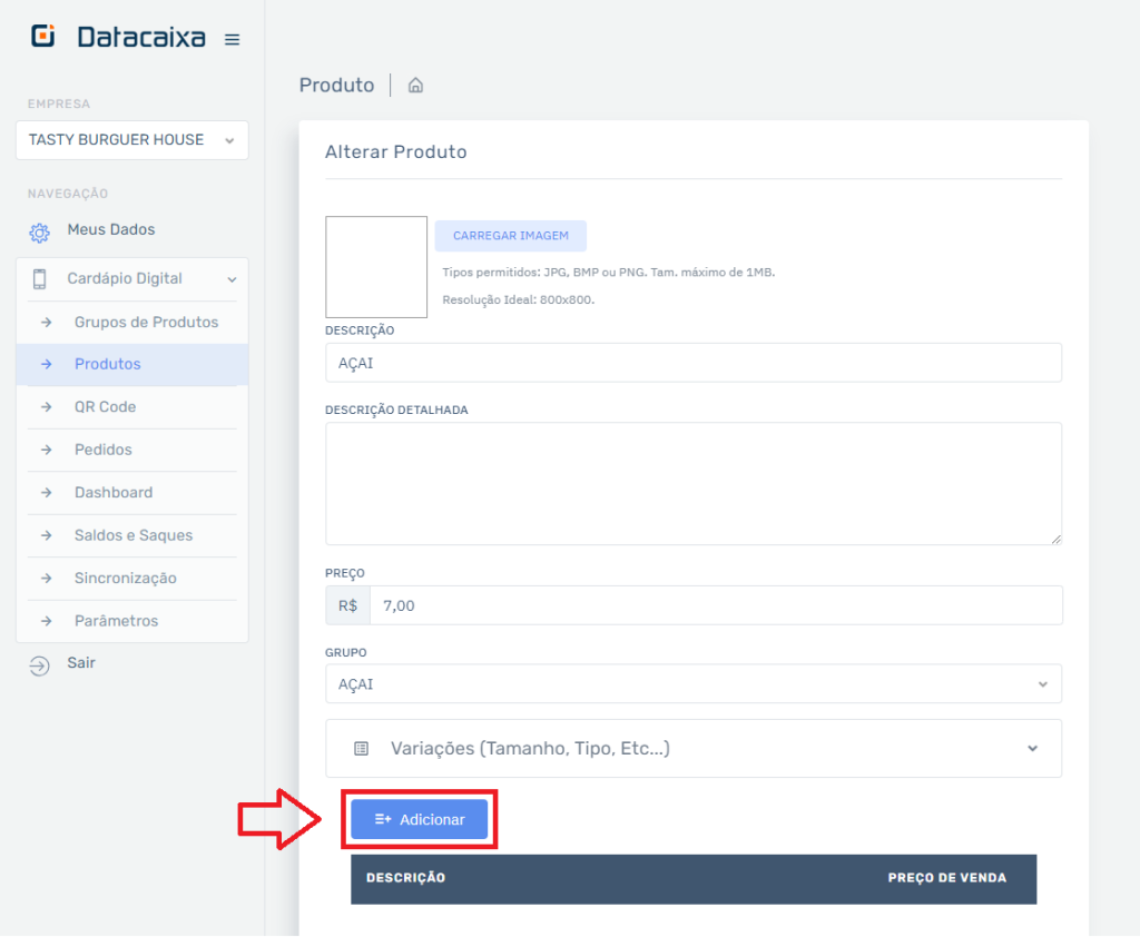Produto Variações Adicionar no Cardápio
