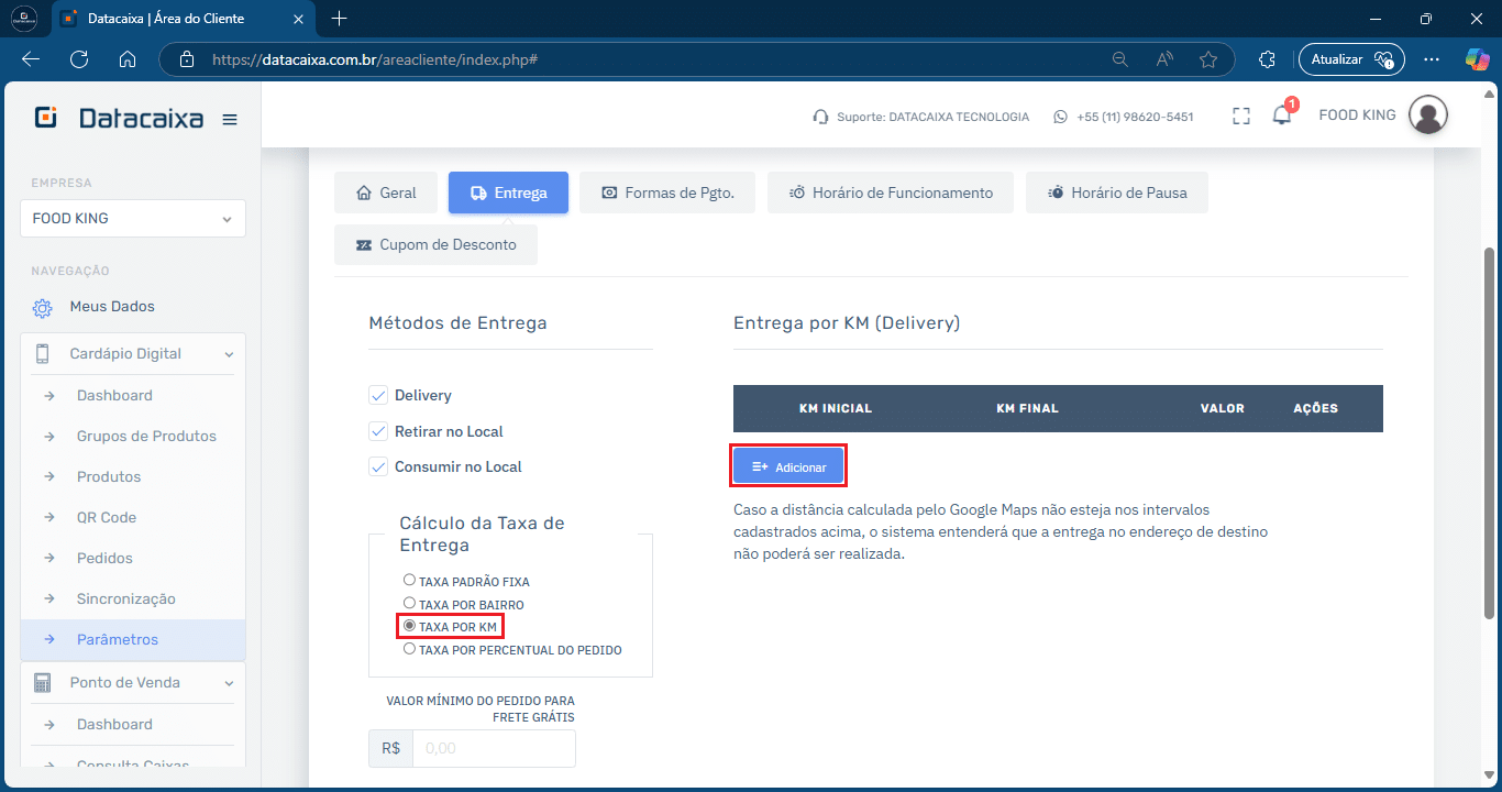 Taxa por KM _Adicionar_Cardápio Digital | Datacaixa Taxa de Entrega por KM > Adicionar