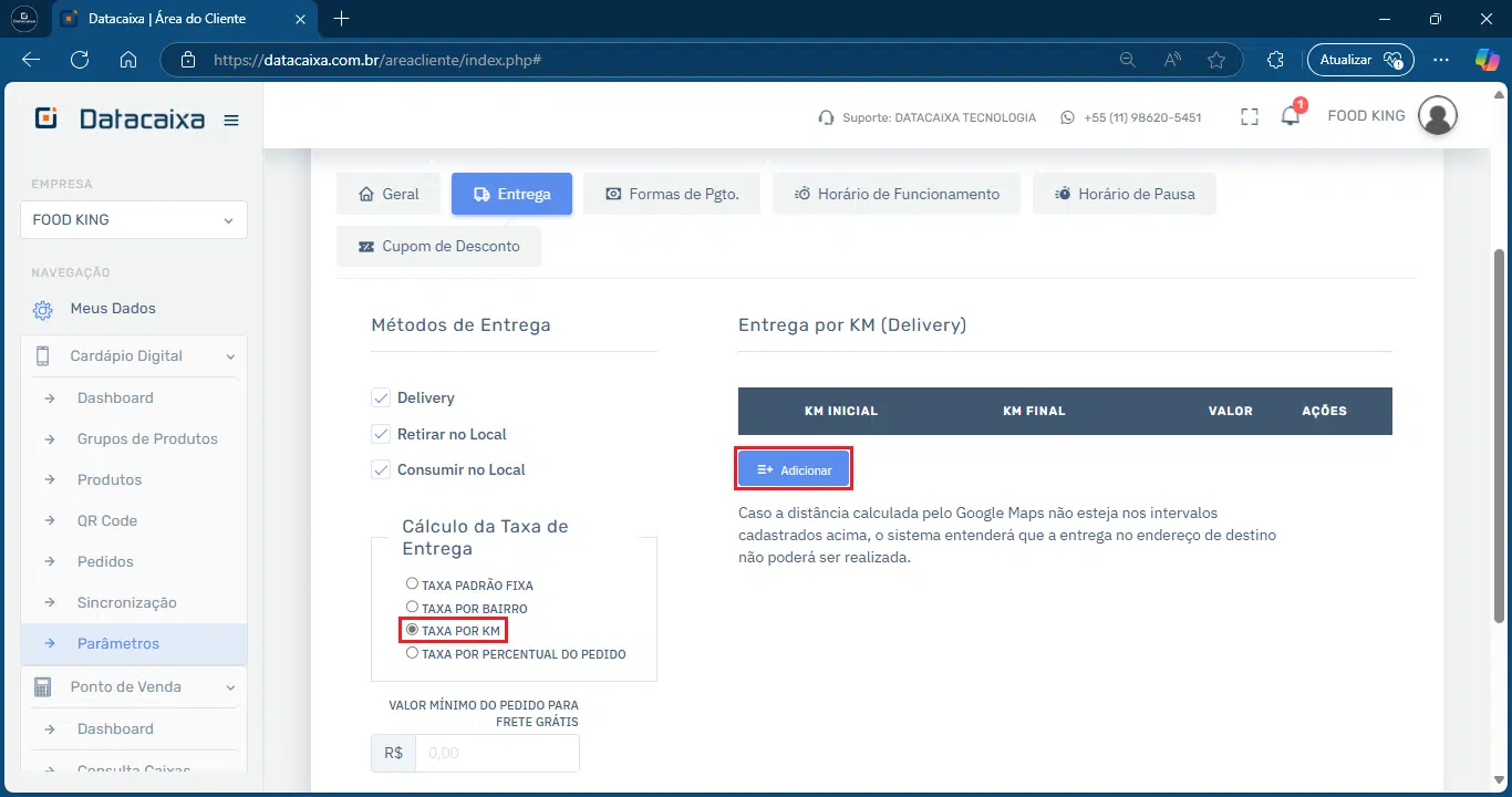 Taxa de Entrega por KM > Adicionar