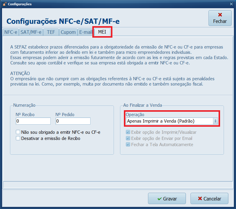 Ao Finalizar a Venda Operação