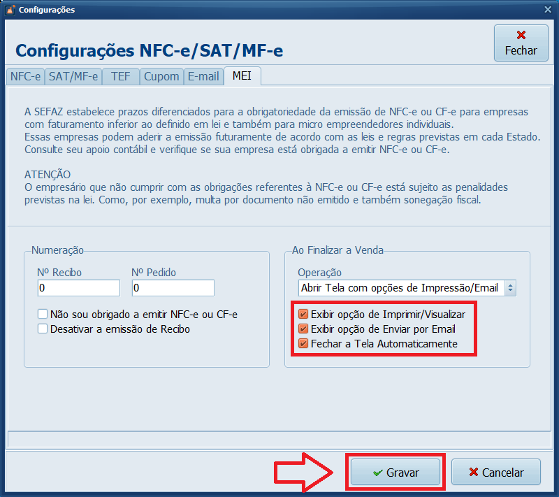 Ao Finalizar a Venda Parâmetros