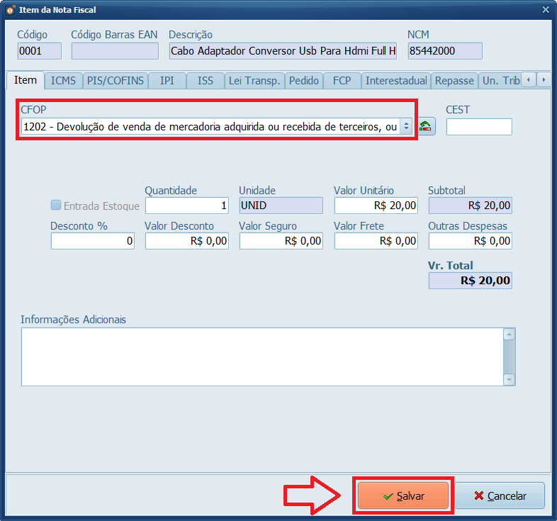 NFe CFOP Devolução Própria