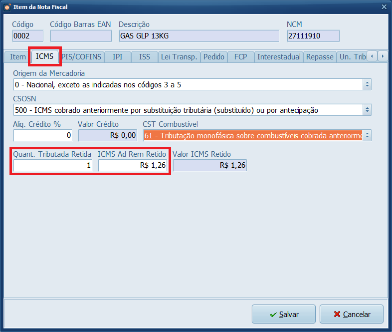 ICMS GLP NFe no Gestão