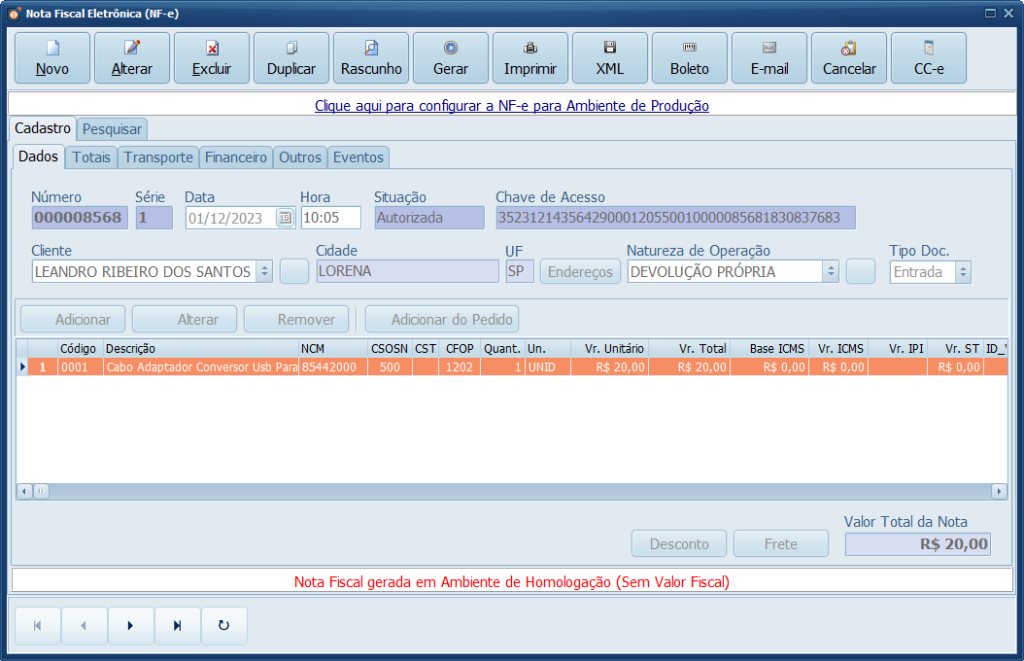 NFe Devolução Própria Gerada