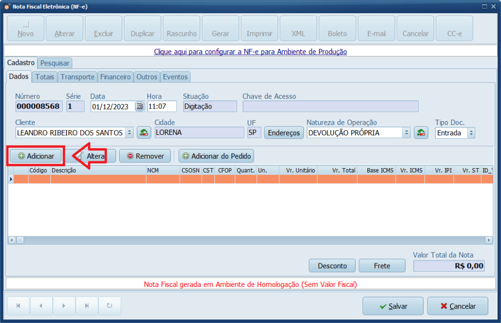 NFe Adicionar Produto Devolução Própria
