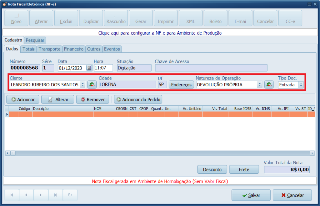 NFe Cliente e Natureza de Operação DEVOLUÇÃO PRÓPRIA