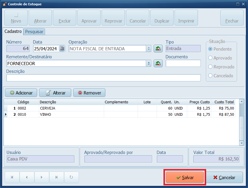 Salvar Nota de Entrada
