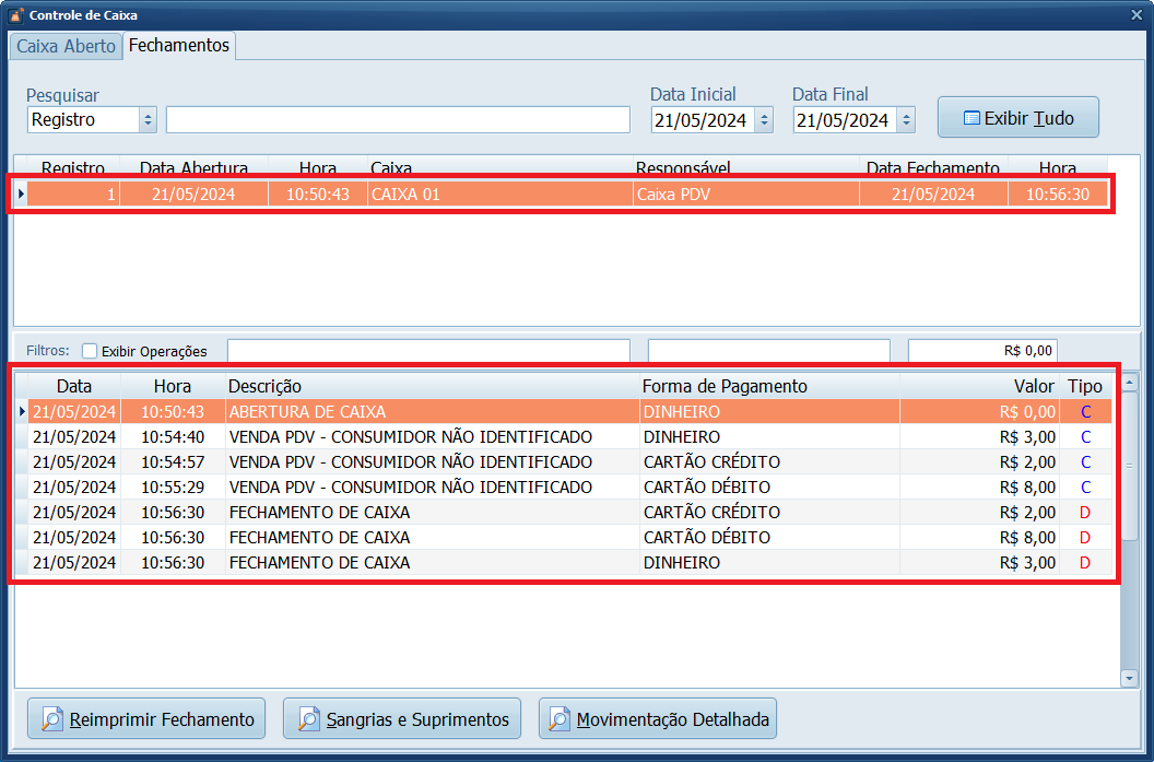Operações em Fechamentos Caixa