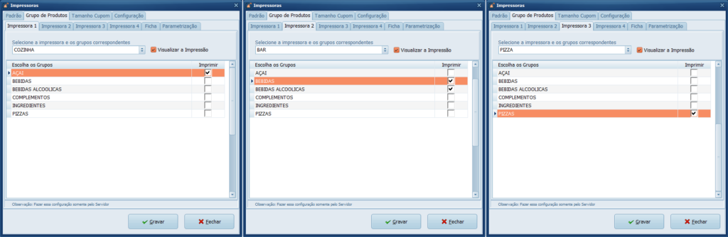 Impressoras Grupo de Produtos Configurações