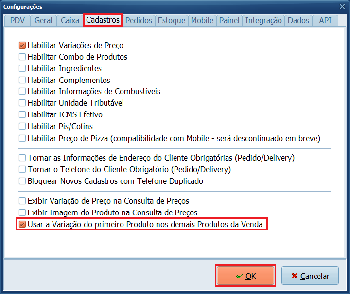 Variação do primeiro produto nos demais itens da venda | Datacaixa Usar a Variação de Preço do primeiro Produto nos demais Produtos da Venda