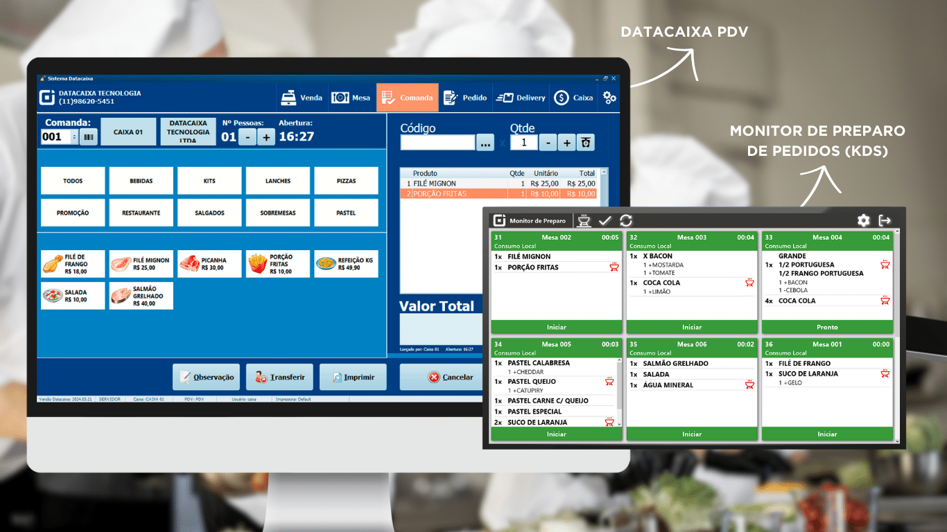 pdv-kds | Datacaixa Pedidos registrados no Datacaixa PDV são imediatamente transmitidos no monitor KDS.