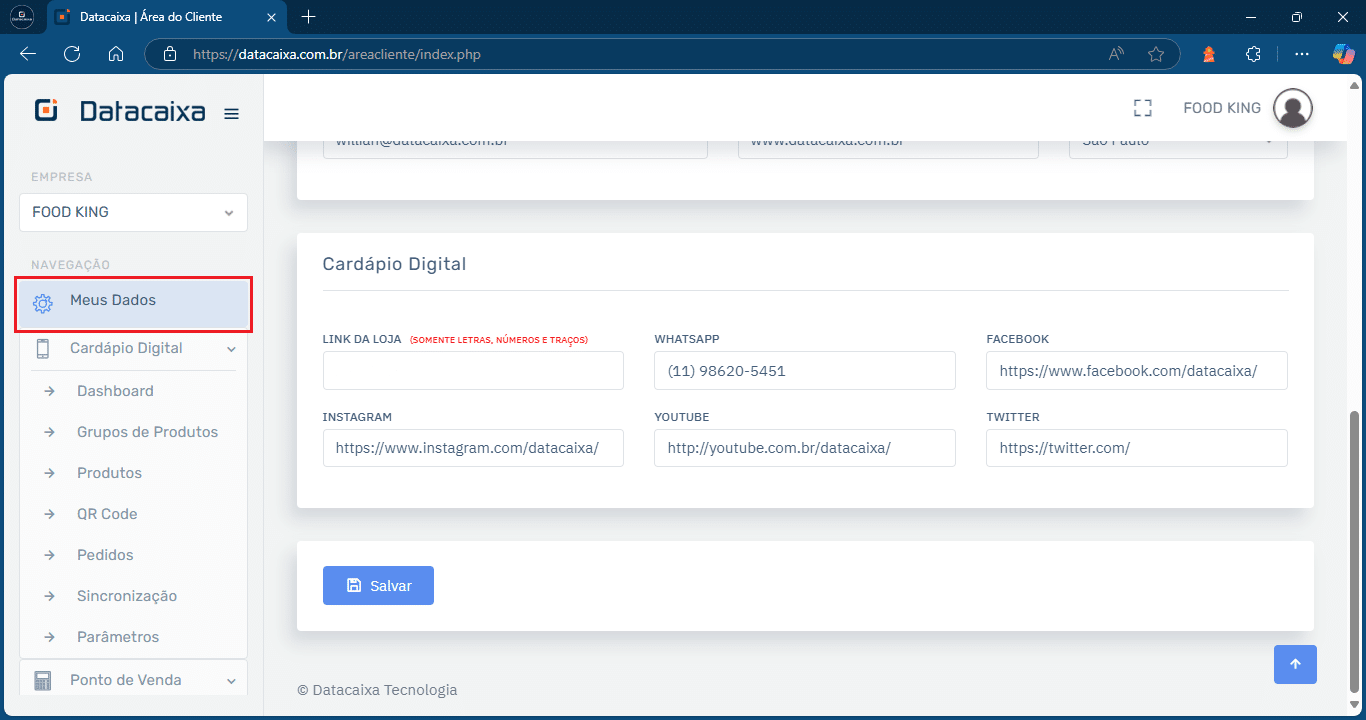 Food_King_Carápio_Digital_Meus_Dados_Link da Loja | Datacaixa