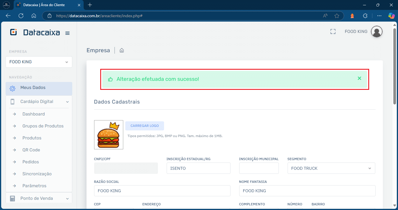 alteração efetuada com sucesso_food king_cardápio digital | Datacaixa