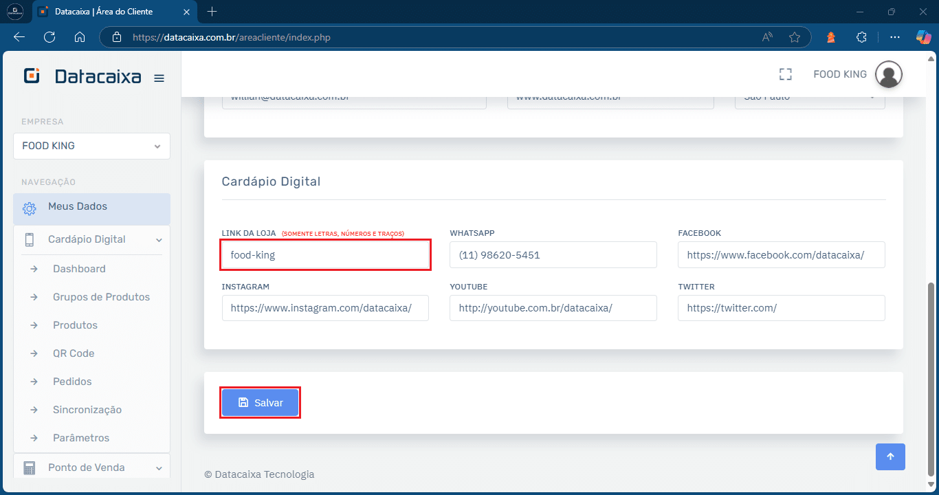 food king_link da loja_cardápio digital_salvar | Datacaixa