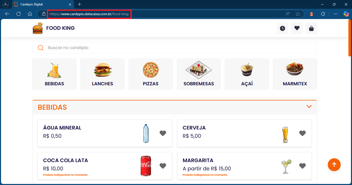 link personalizado_food king_cardápio digital | Datacaixa