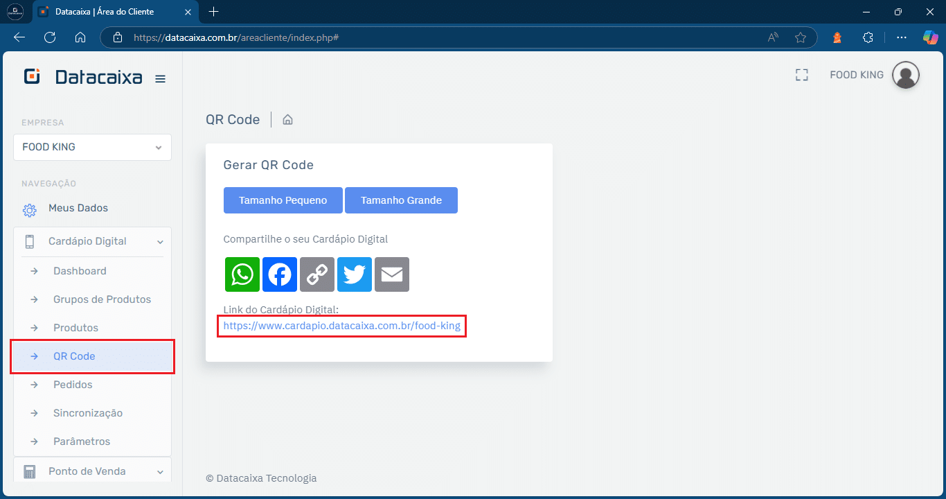 qr code_food king_cardápio digital_link personalizado | Datacaixa