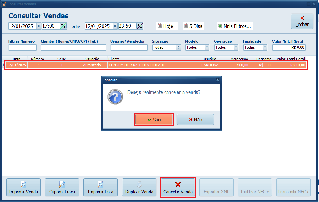 Cancelar a venda > Sim
