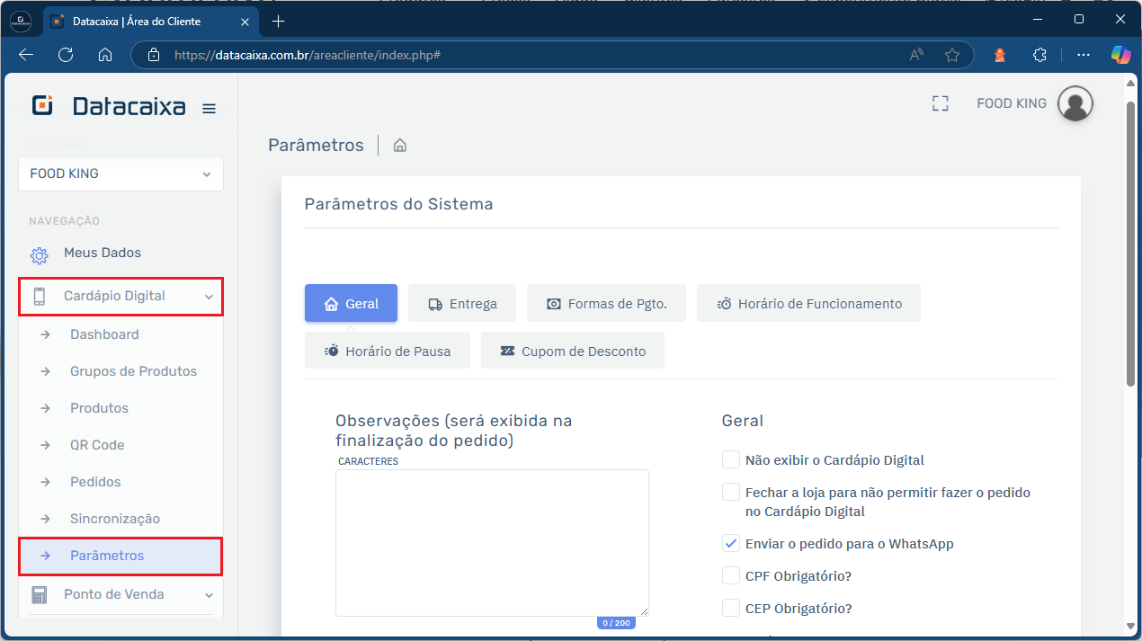Cardápio Digital_Parâmetros | Datacaixa