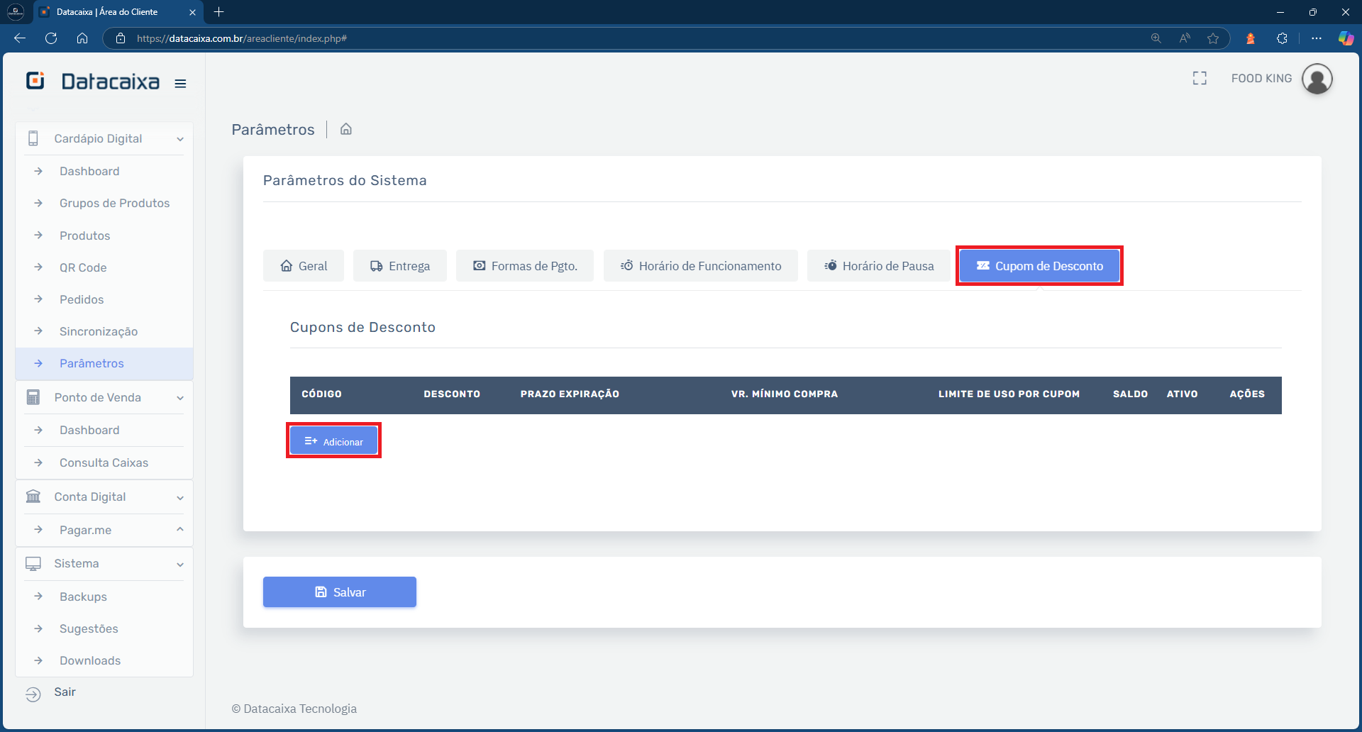 Cupom de Desconto_Adicionar | Datacaixa