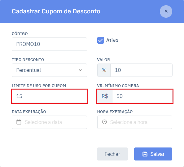 Limite de Uso por Cupom_Valor Mínimo_Cupom de Desconto_Cardápio Digital | Datacaixa