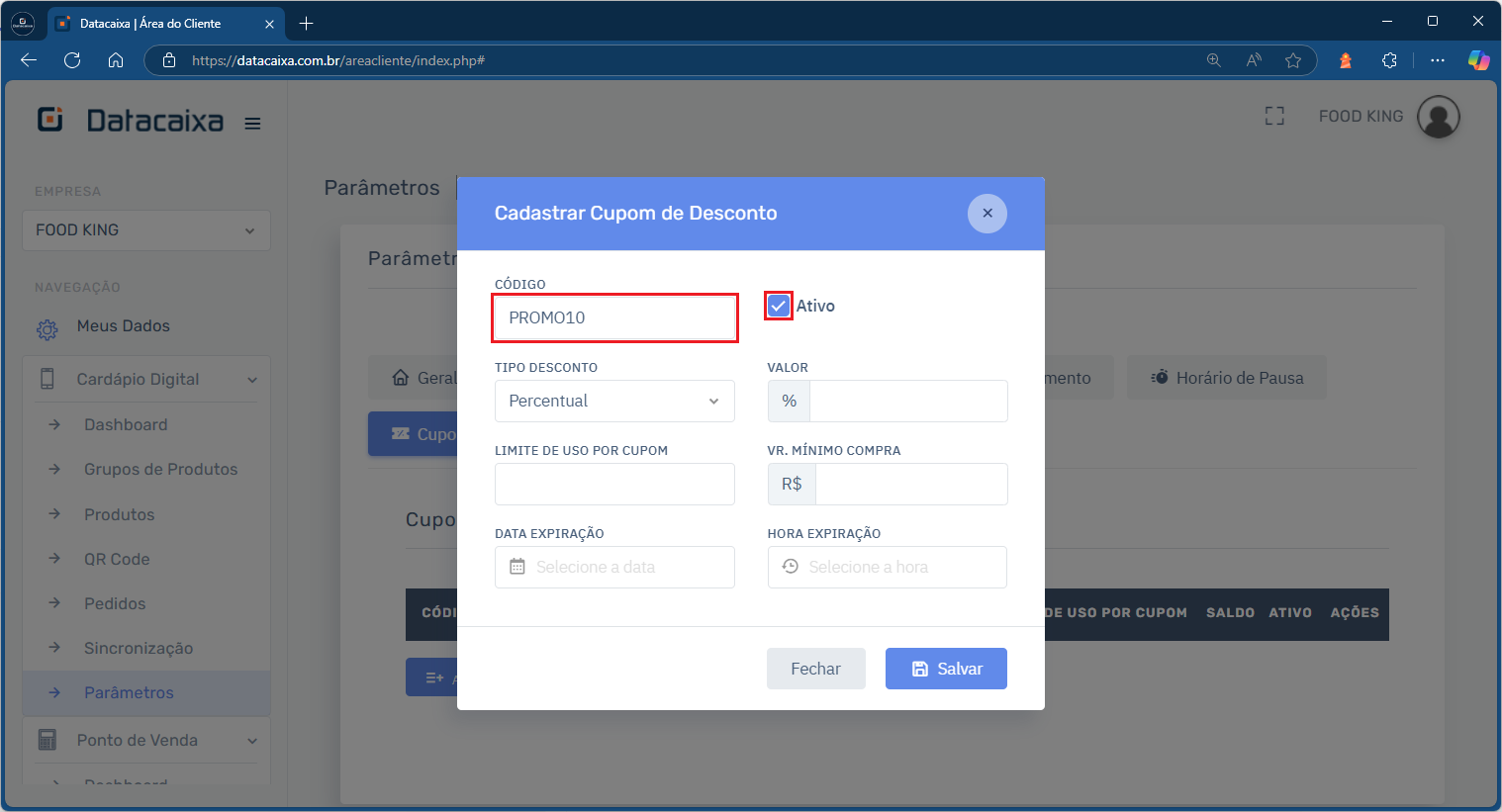 Promo10_Cupom Desconto_Cardápio Digital | Datacaixa