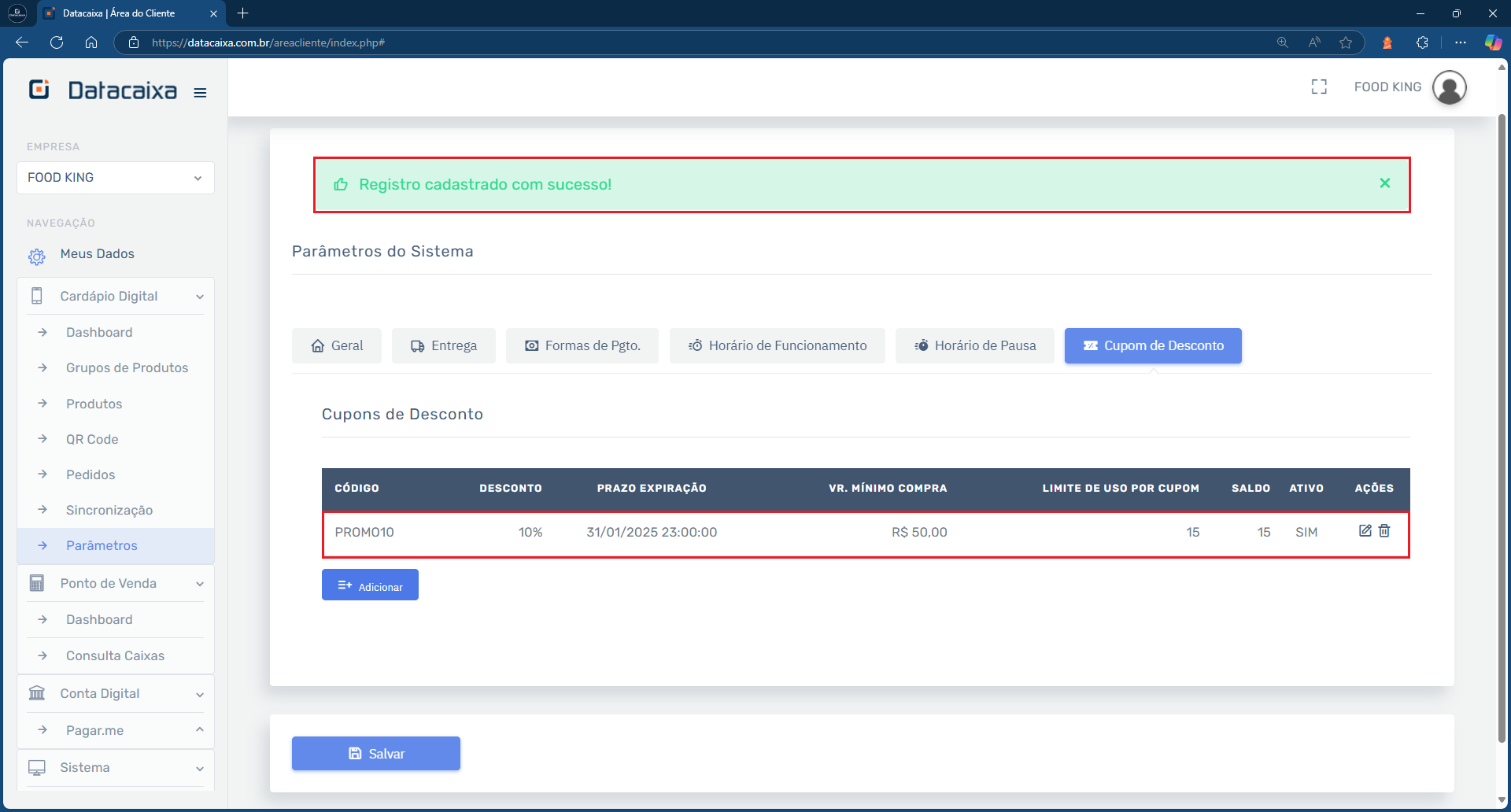 Registro Cadastrado Com Sucesso_Cupom de Desconto | Datacaixa