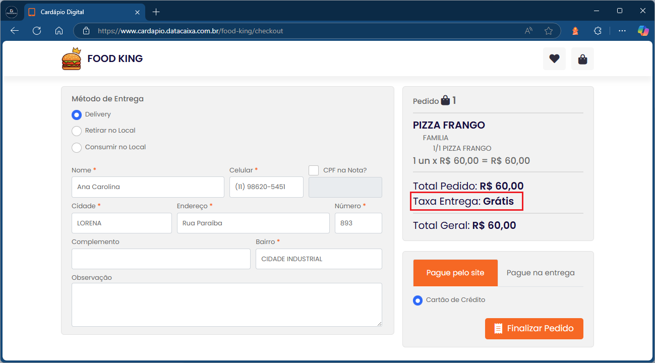 Taxa de Entrega Grátis