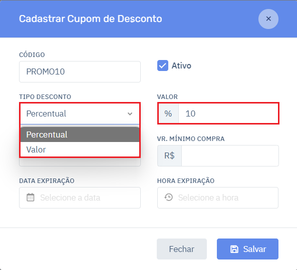 Tipo de Desconto_Valor_Cupom de Desconto_Cardápio Digital | Datacaixa