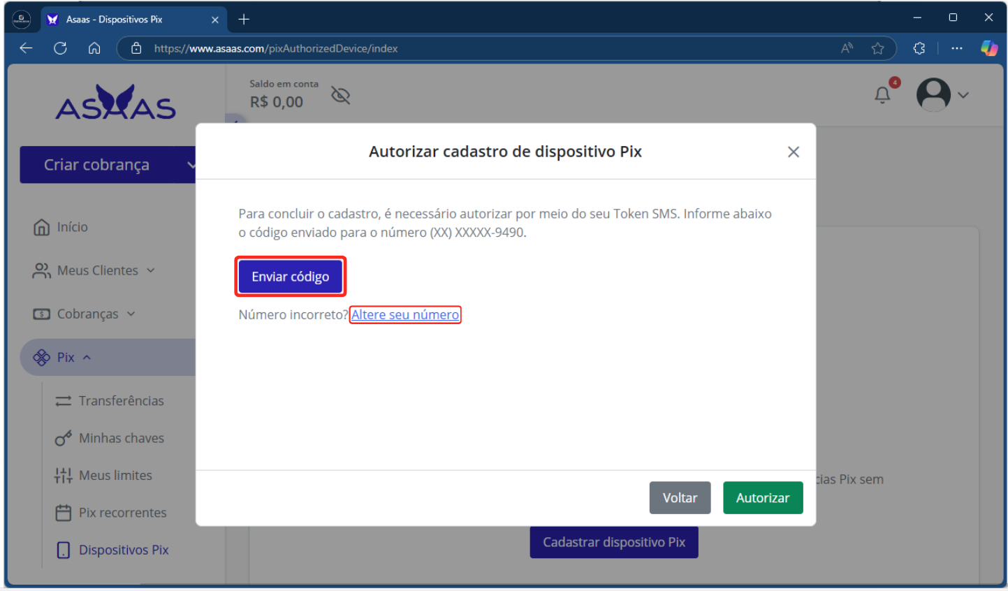 Autorizar cadastro de dispositivo_Pix_Asaas | Datacaixa