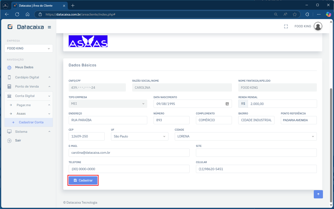 Cadastrar Conta Digital Asaas