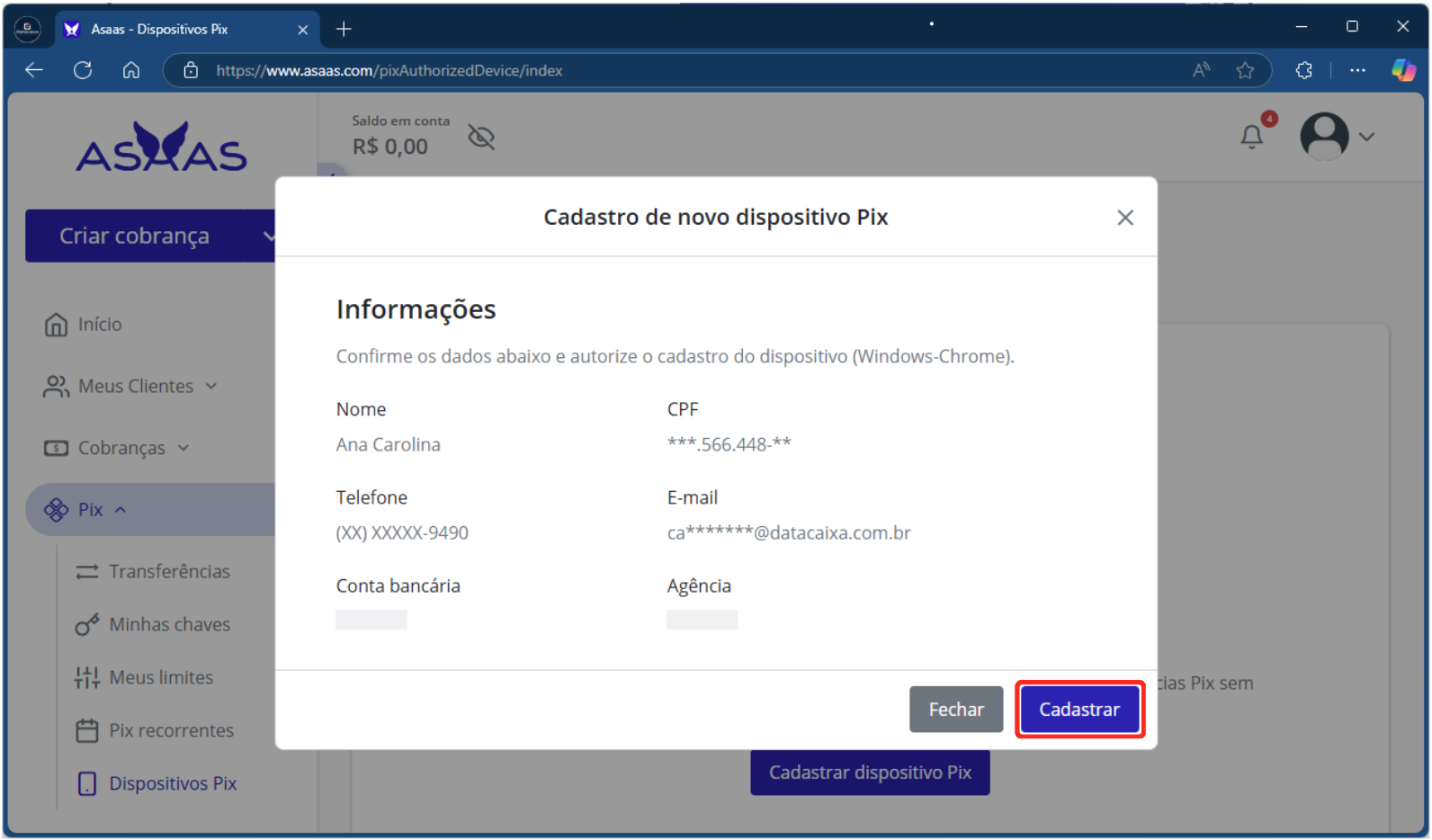 Cadastro de novo dispositivo_Pix_Asaas | Datacaixa