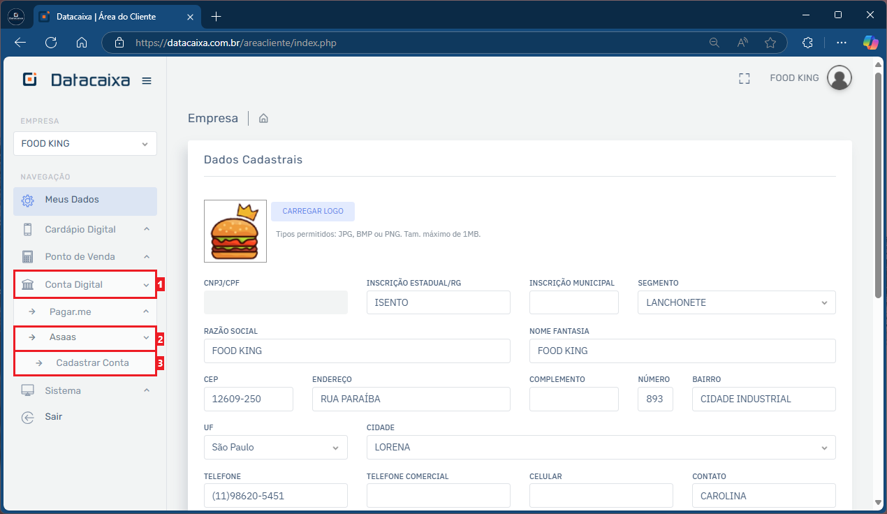Conta Digital > Assas > Cadastrar Conta