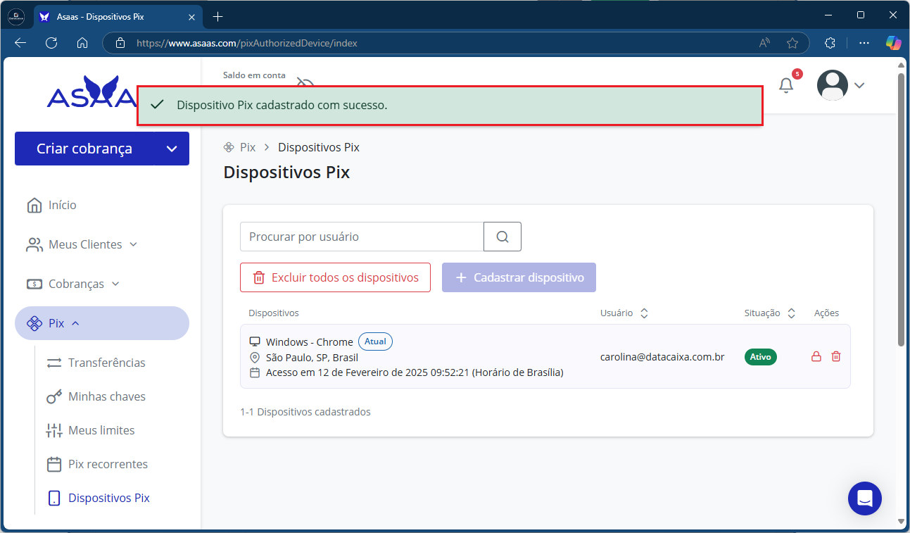 Dispositivo Pix cadastrado com sucesso_Asaas_Pix | Datacaixa