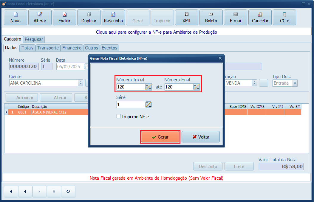 Confirme a numeração da NF-e, depois clique em Gerar