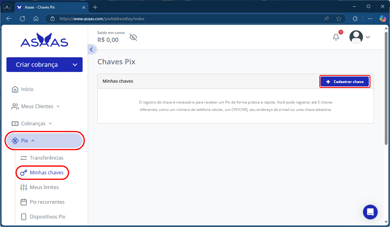 Pix_cadastrar chave_Asaas_Minhas chaves | Datacaixa