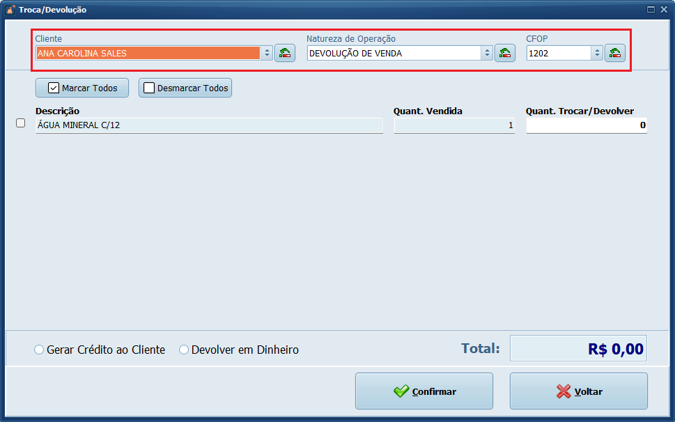 Selecione o Cliente, a Naturaza de Operação e o CFOP.