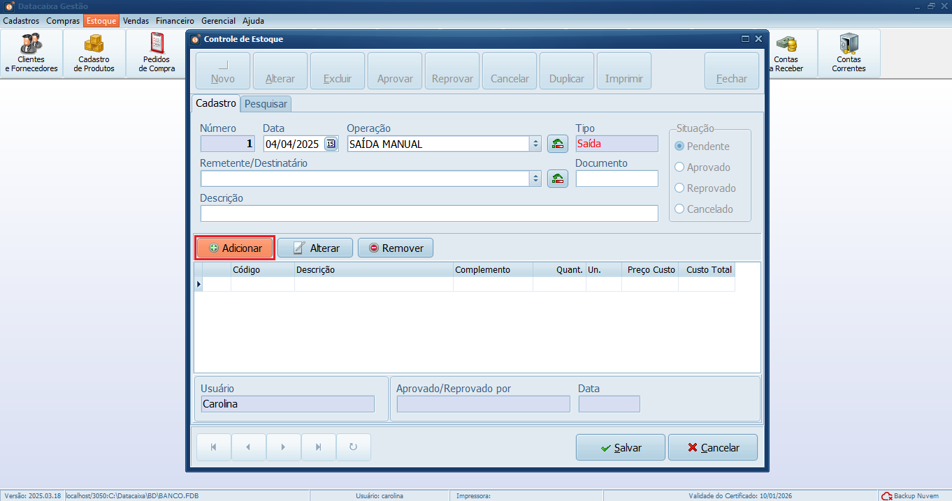 Adicionar_Saída Manual_Controle de Estoque | Datacaixa