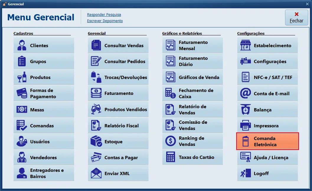Datacaixa PDV - Menu Gerencial > Comanda Eletrônica