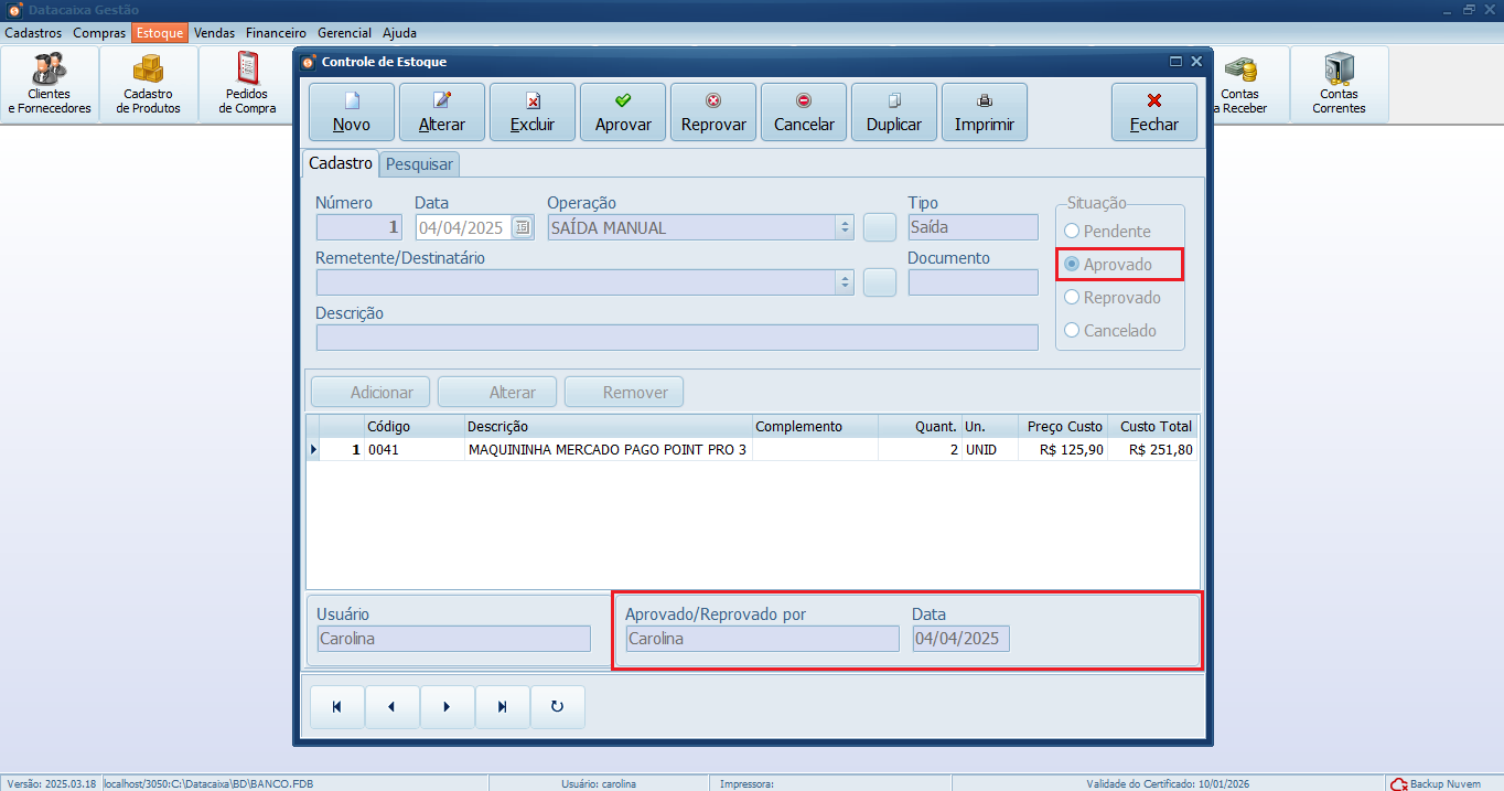 Controle de Estoque_Aprovado_Situação_Gestão | Datacaixa