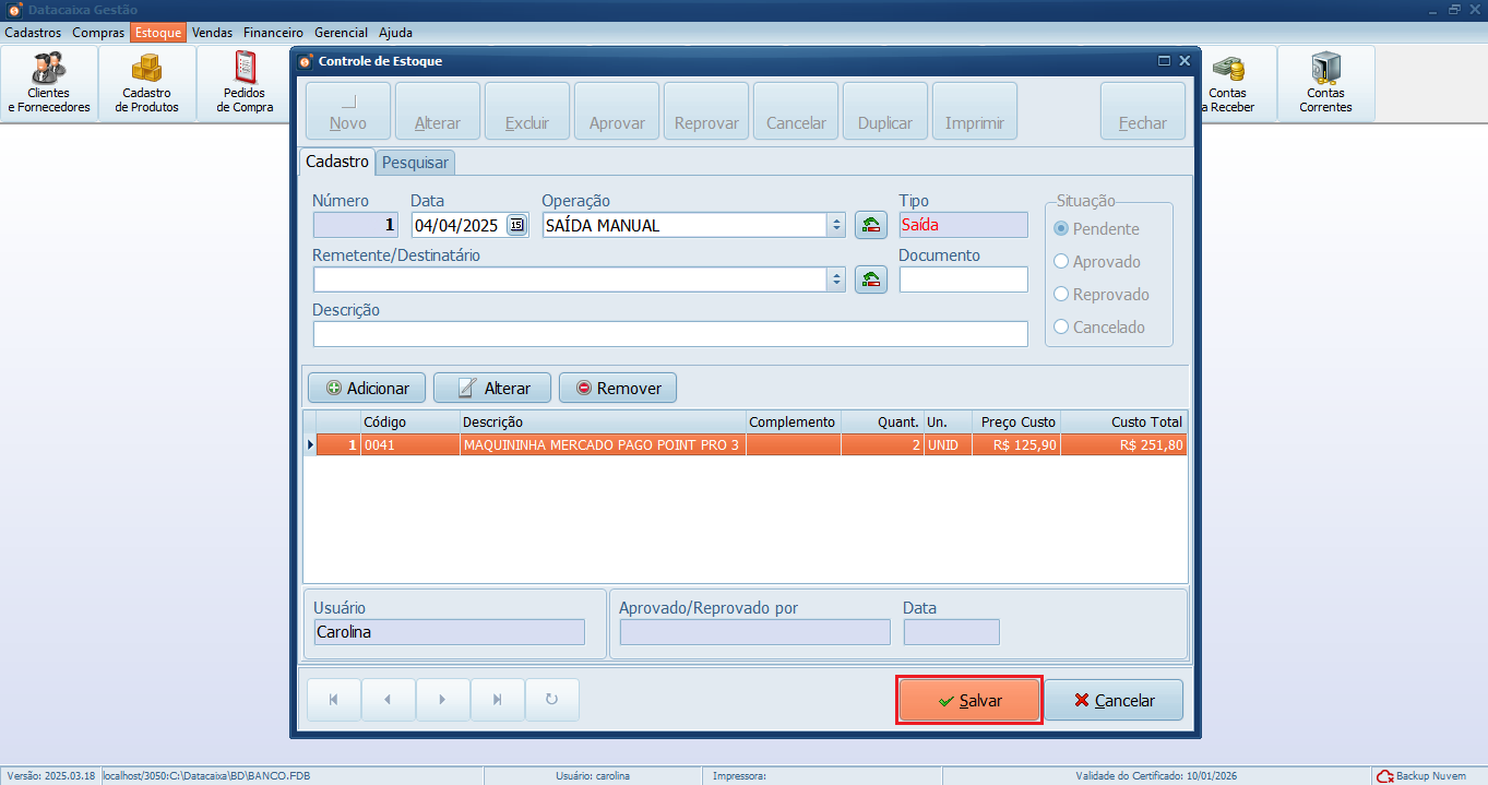 Controle de Estoque_Salvar_Saída Manual_Gestão | Datacaixa