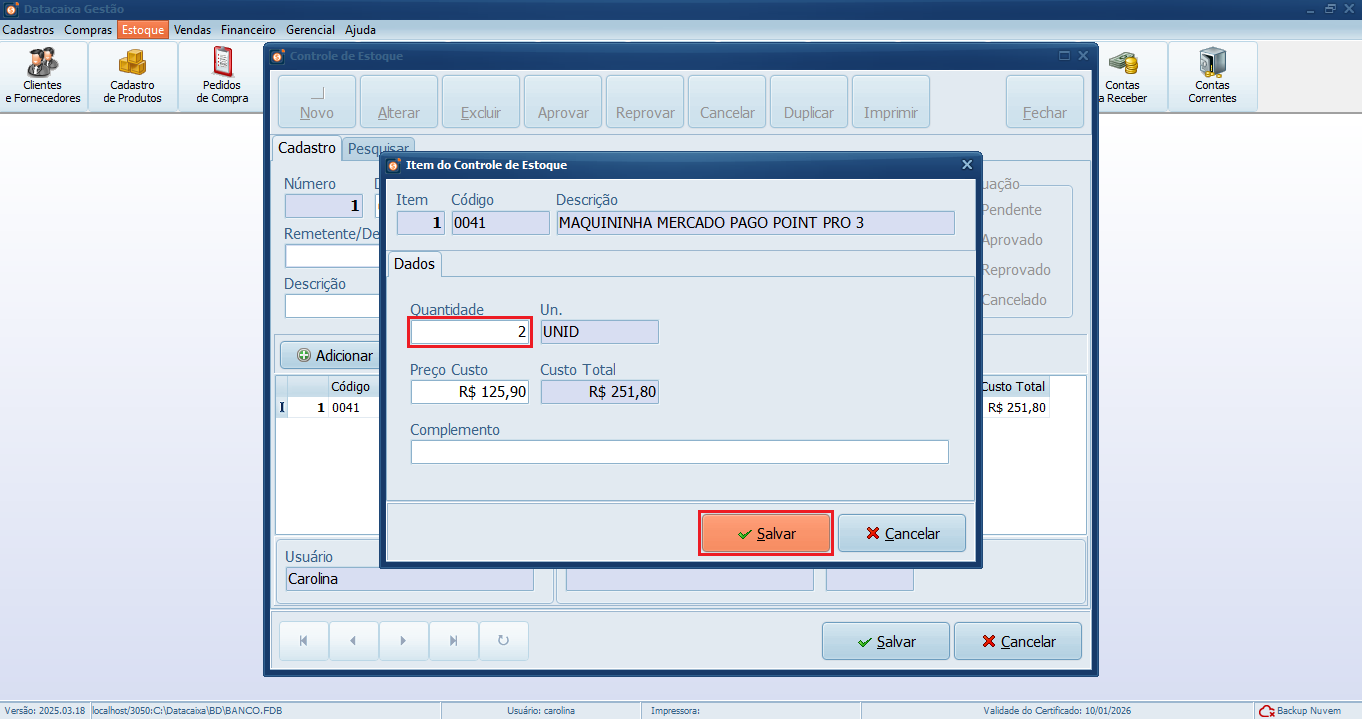 Item do Contole de Estoque_Quantidade_Salvar_Gestão | Datacaixa