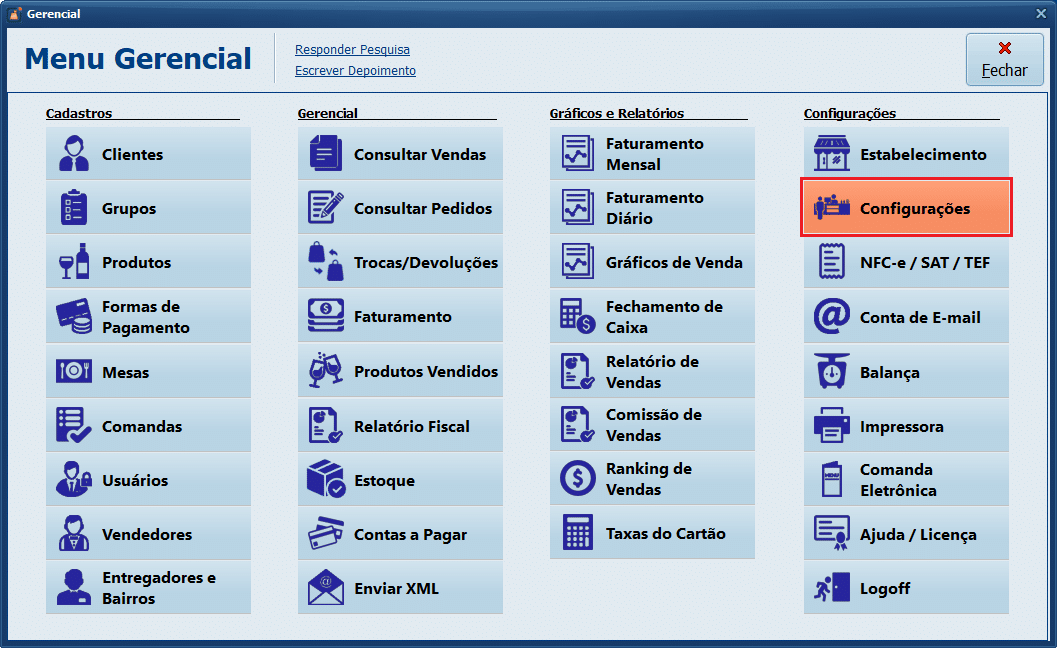 Datacaixa PDV - Menu Gerencial > Configurações