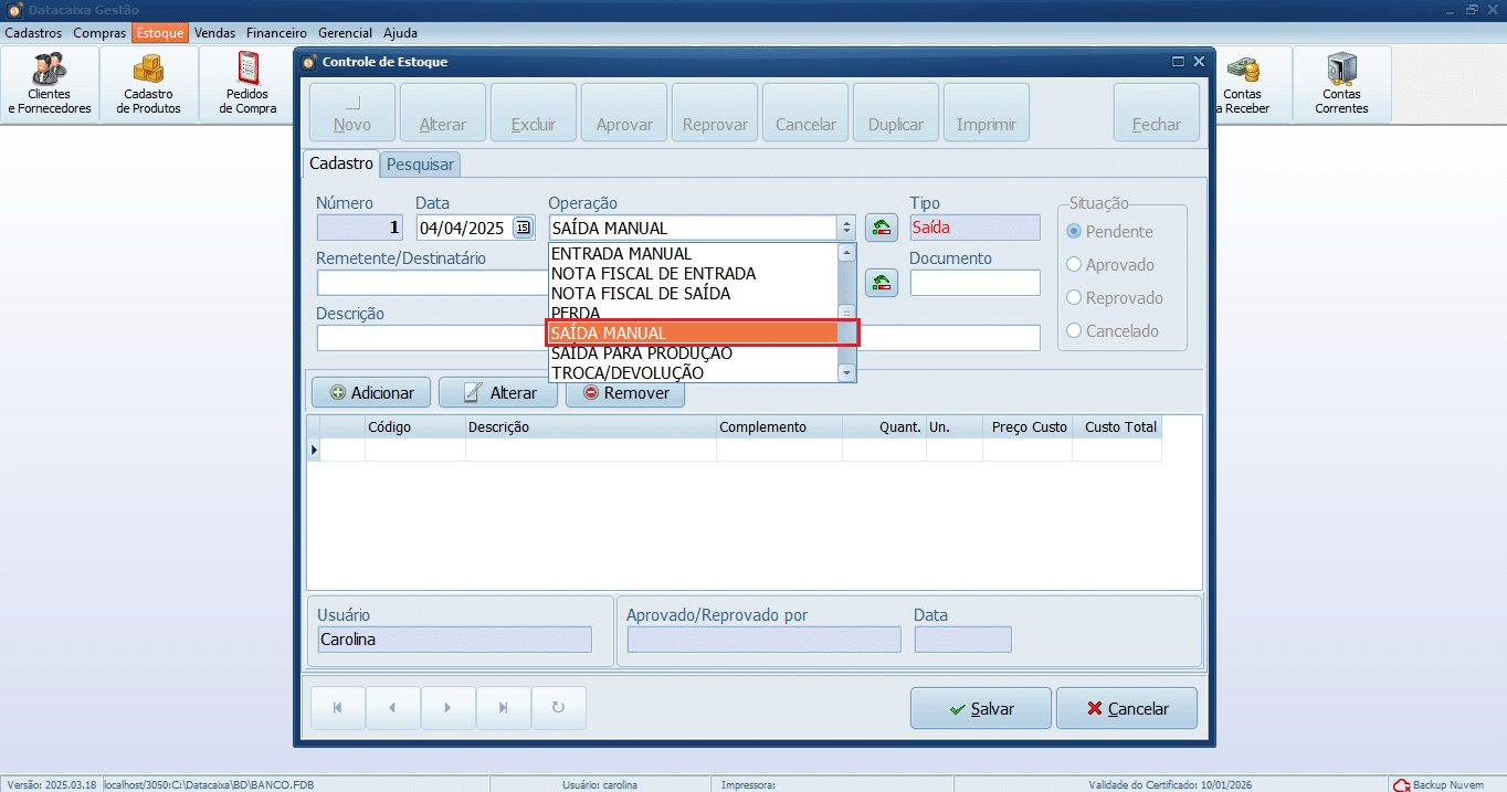 Saída Manual_Controle de Estoque_Gestão | Datacaixa Saída Manual de Estoque