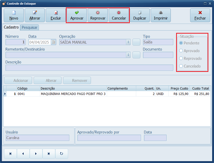 Saída Manual_Situação_Controle de Estoque_Said | Datacaixa