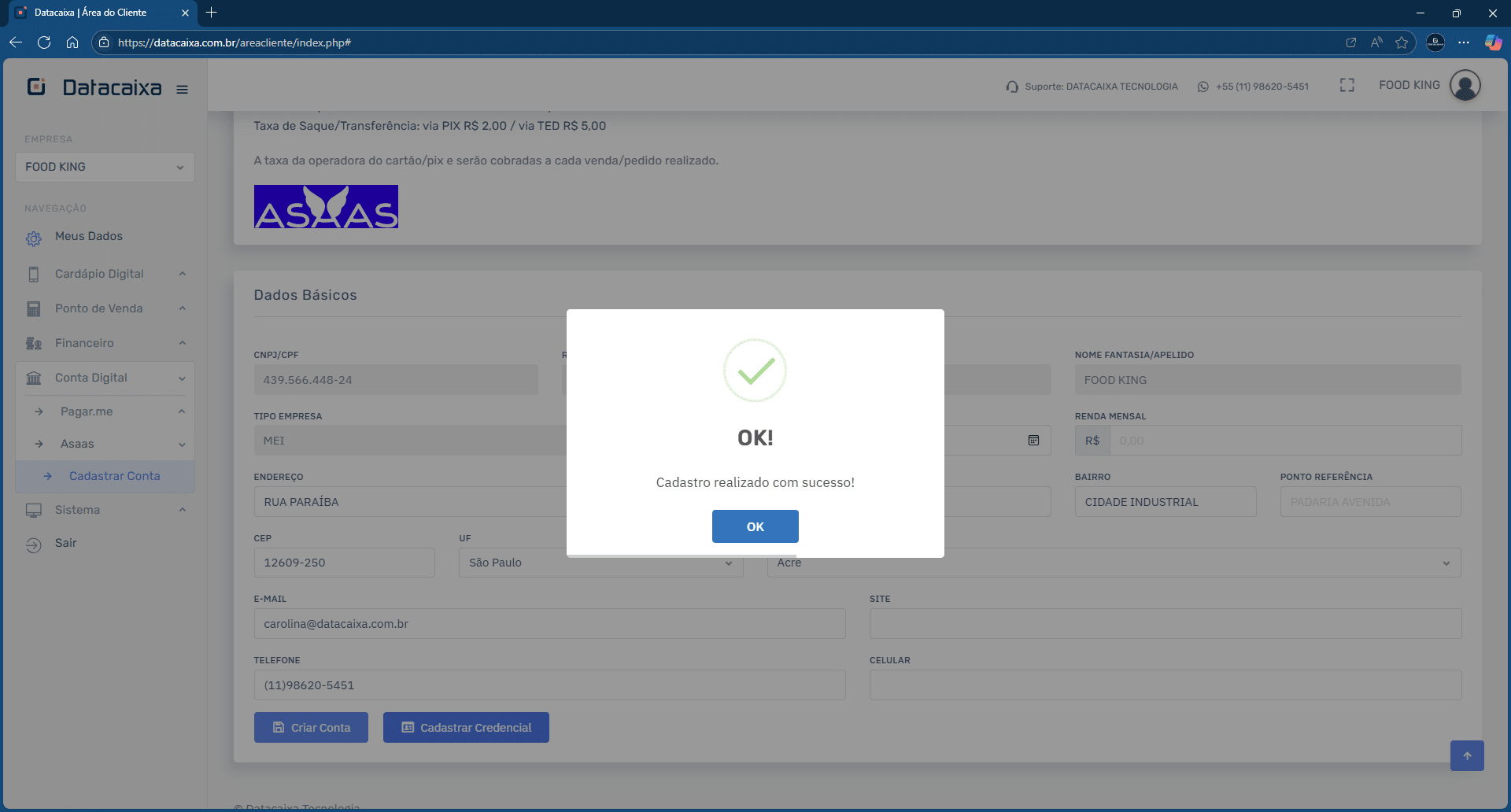 Cadastro realizado com sucesso_Asaas | Datacaixa