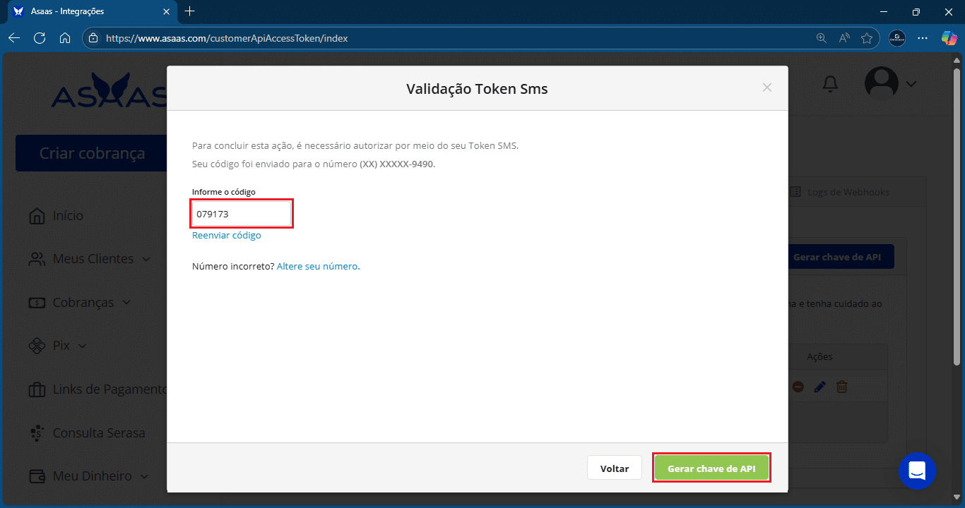 Informe o código_Gerar chave de API | Datacaixa