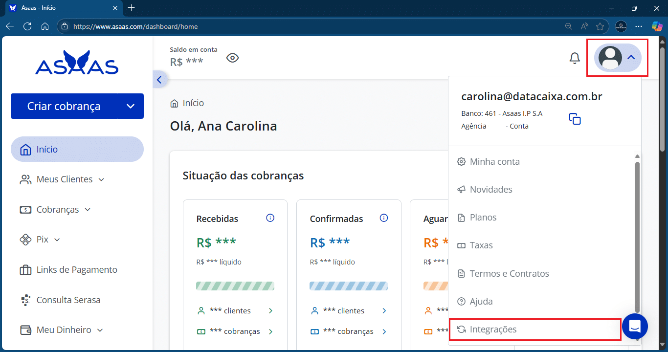 Meu perfil_Integrações_Asaas | Datacaixa